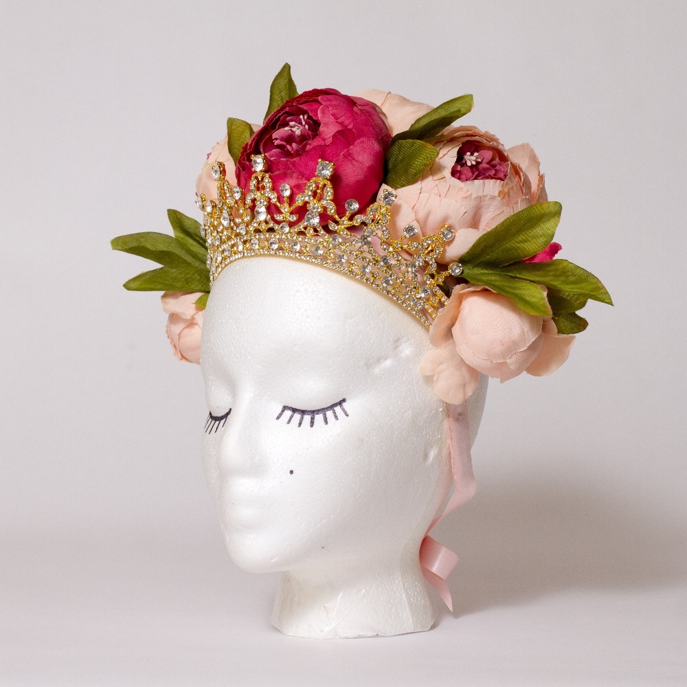 Handmade Pink Flower Rhinestone Gold Crown - Picture 2 of 13